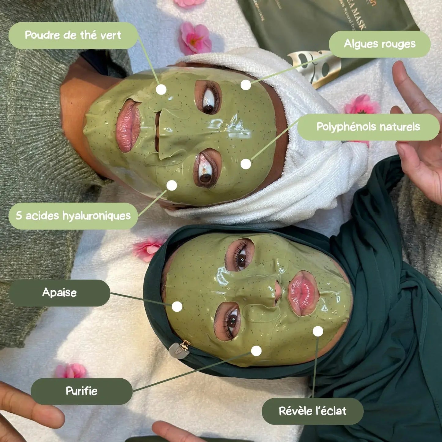 Masque au thé vert BeautySkin appliqué sur le visage